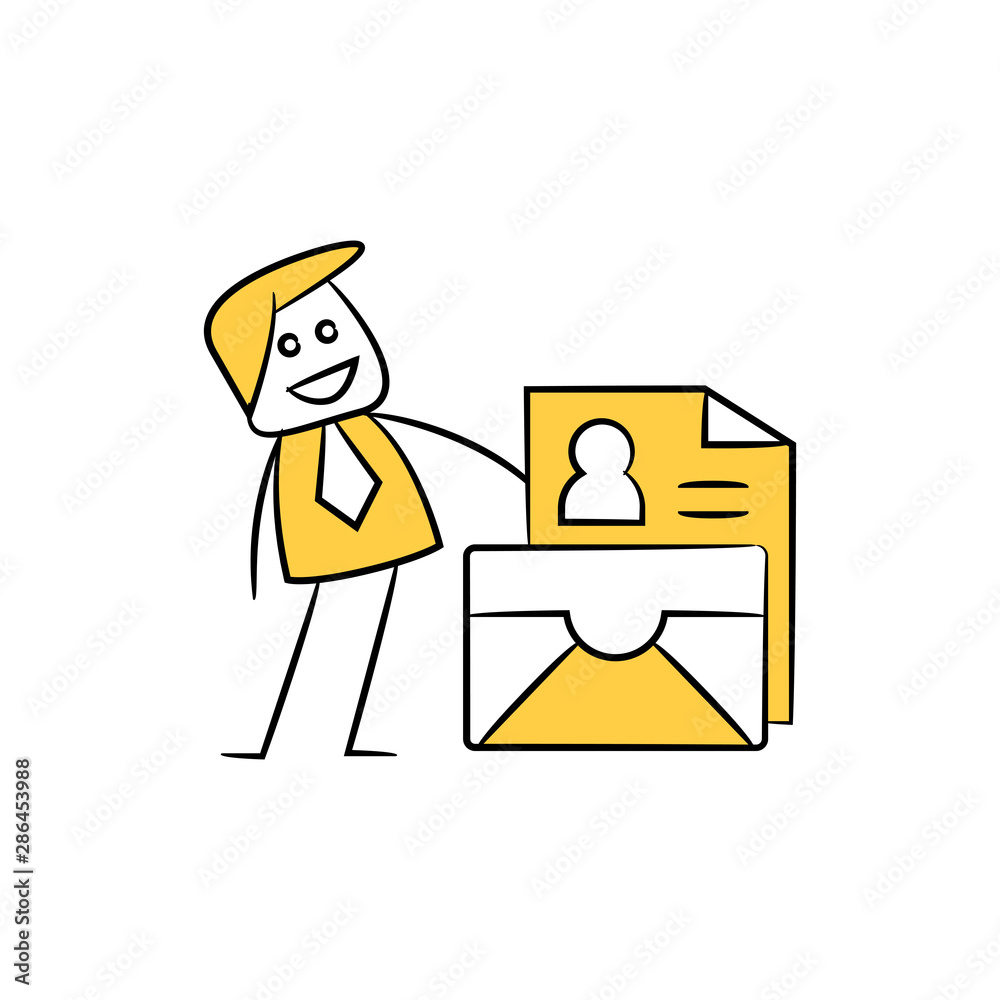 businessman and job application mail yellow stick figure design