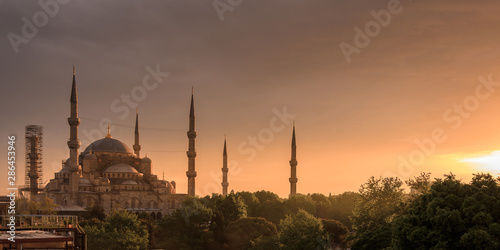Beautiful Blue mosque with foreground and sunset