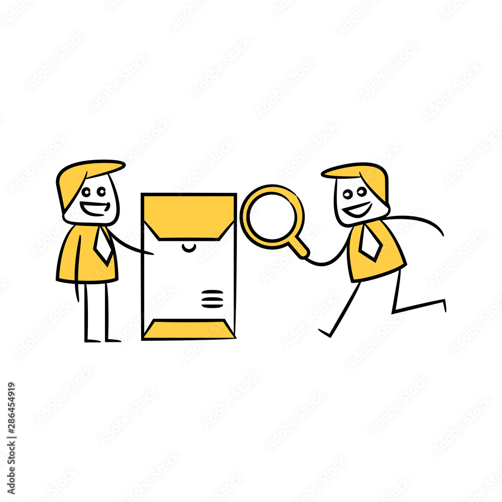 businessman using magnifier glass checking letter yellow stick figure design