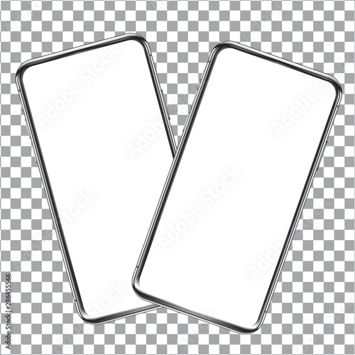 Two rotated smartphones mockup template on transparent background for user interface, user experience presentation. Mobile app design concept for websites, landings. Vector eps 10.