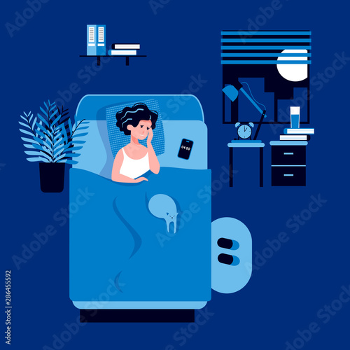 Sleepy woman trying to fall asleep. Stress, depression, disorder, headache, nightmares. Tired face. Circadian and biological rhythms disturbance. Sleeplessness concept. Flat vector illustration.