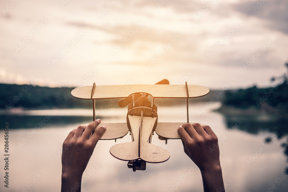Hand holding wood airplane in the nature background,freedom to travel concept. - obrazy, fototapety, plakaty 