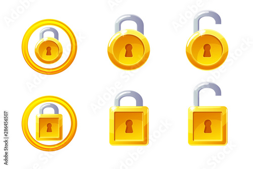 Padlock icon with square and round shape. Vector GUI Golden Level Lock. Open and closed padlocks. Icons on a separate layer