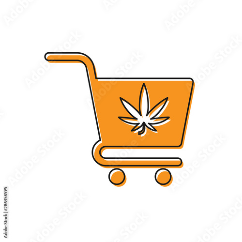 Orange Shopping cart with marijuana or cannabis leaf icon isolated on white background. Online buying. Delivery service. Supermarket basket. Vector Illustration