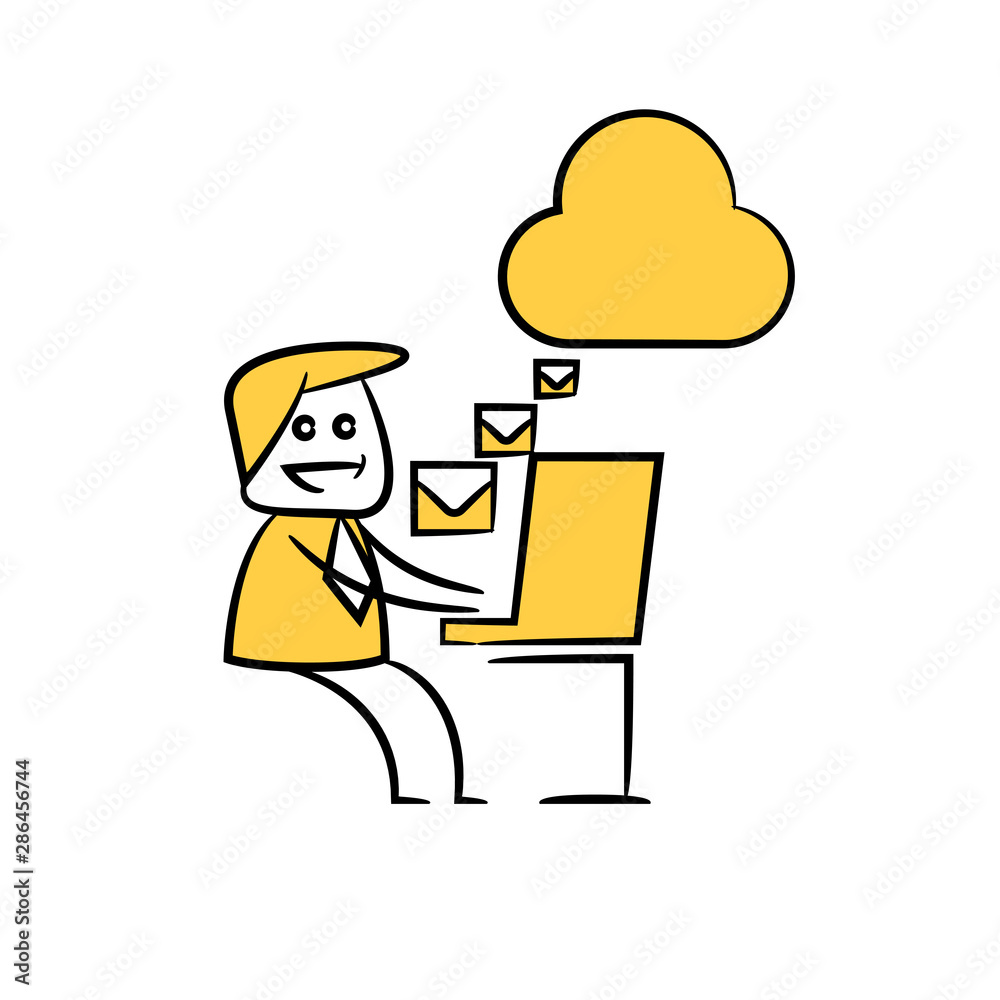 businessman receiving emails from cloud server yellow stick figure design