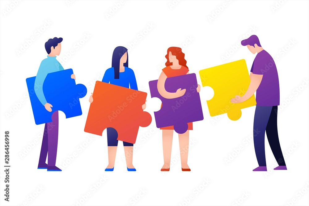 Obraz premium People connecting puzzle elements. Symbol of teamwork, cooperation, partnership, bussiness concept.