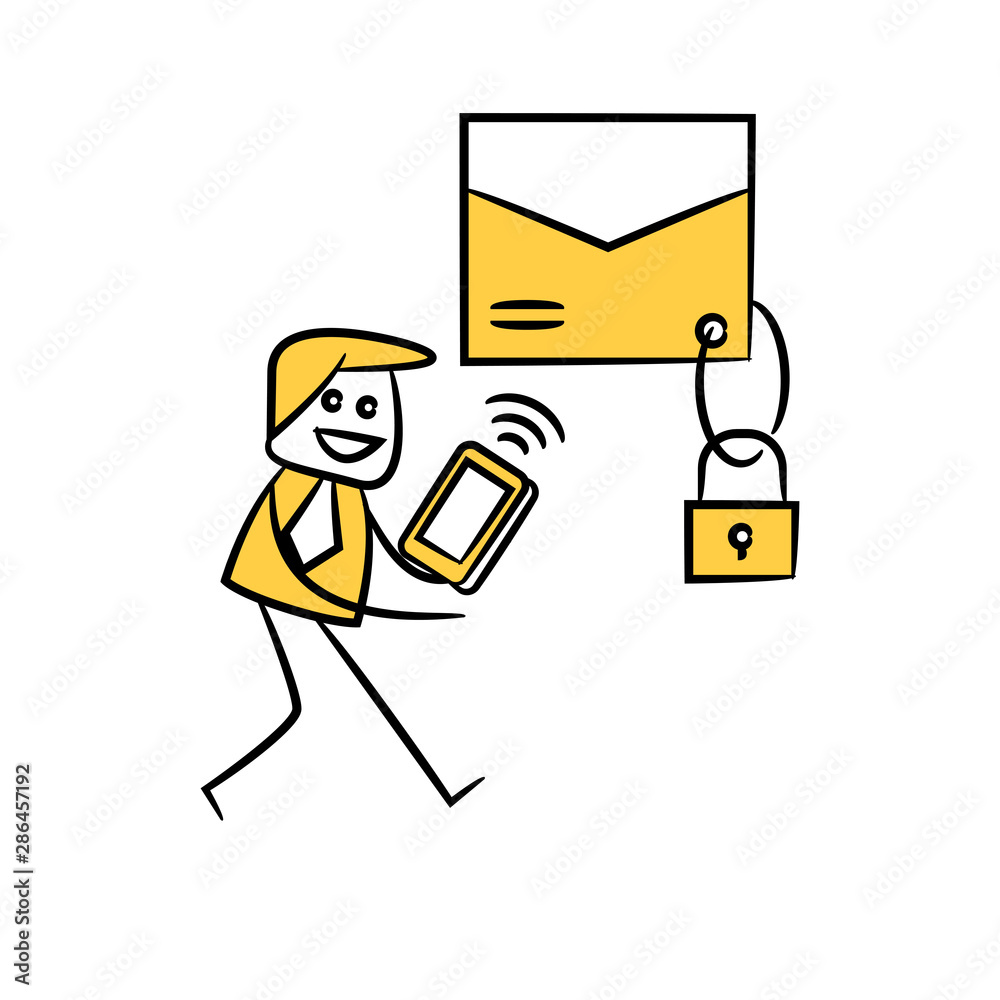 businessman using mobile phone and encryption mail yellow stick figure design