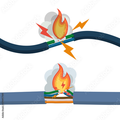 Damaged electrical cable with sparks and fire