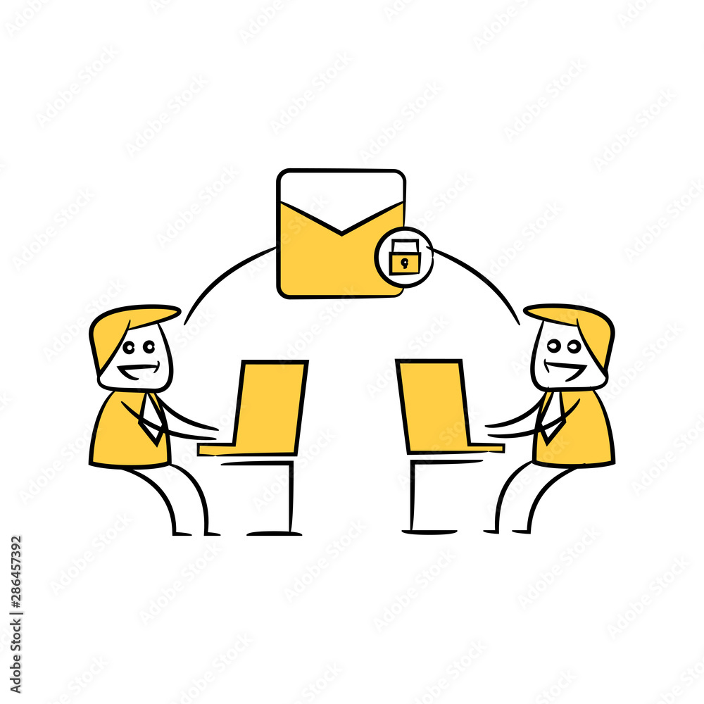 businessman using laptop sending email yellow stick figure design businessman using laptop sending email yellow stick figure design