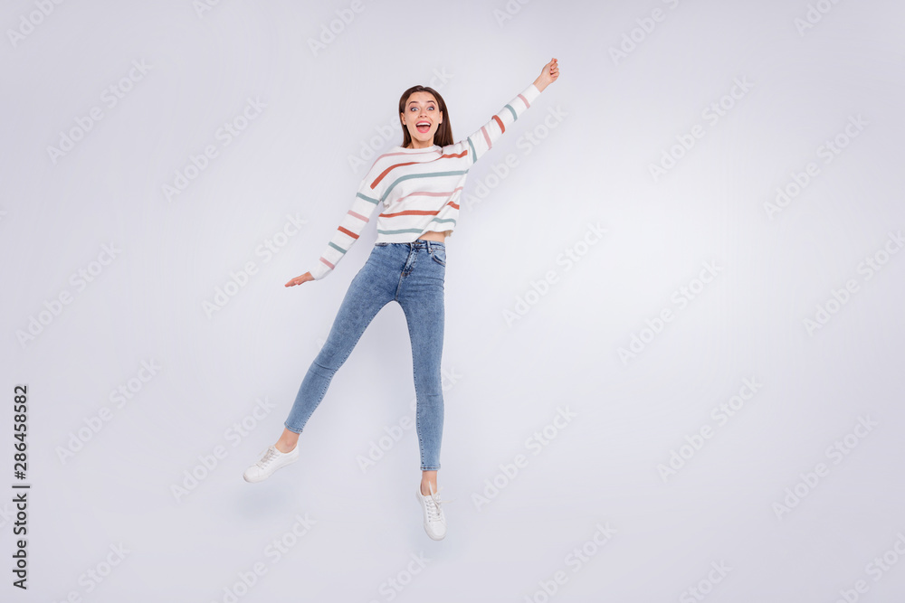 Full size photo of astonished lady holding her hand screaming wearing striped jumper isolated over white background