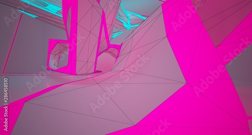 Abstract architectural drawing white interior with color gradient neon lighting. 3D illustration and rendering.