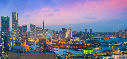 Yokohama city skyline from top view at sunset