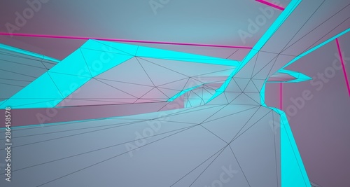 Abstract architectural drawing white interior with color gradient neon lighting. 3D illustration and rendering.