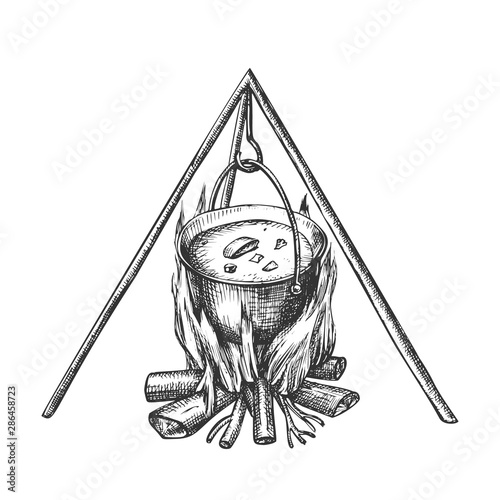 Cooking In Cauldron On Campfire Vintage Vector. Burning Tree Timbers Flame For Cook Soup Touristic Dinner. Hot Temperature Controlled Fire Of Twigs Designed In Retro Style Black And White Illustration