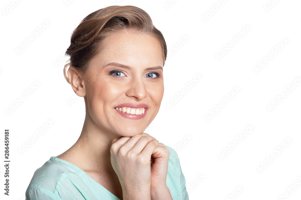 portrait of beautiful young woman on white background portrait of beautiful young woman on white background