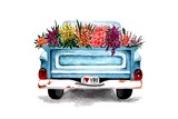 car pickup with flowers in the back painted in watercolor