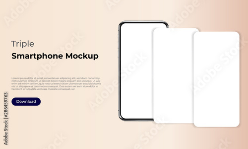 Triple smartphone screen mock up template for user experience and app design presentation. For websites, landing pages and applications.