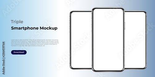 Triple realistic smartphone template mockup for user experience presentation. Stylish concept design for websites, applications and landing pages.