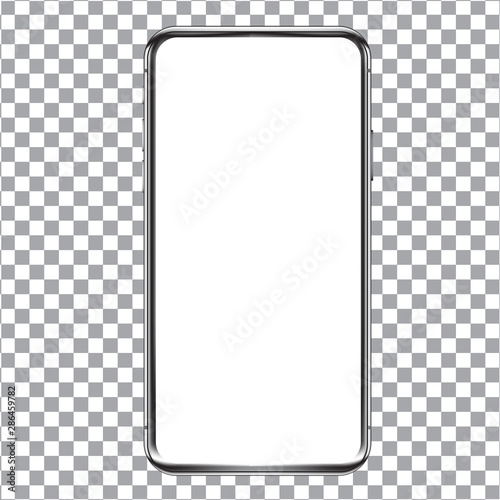 Transparent Vector smartphone mockup. 3D illustration of a modern cell phone with frameless blank screen. Template for infographics, websites, landing pages, apps, presentation UI design interface.