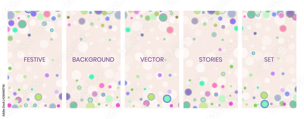 Social media stories banners set, story, texture with falling circular confetti and bokeh lights, templates for cover, flyier, brochure, vector trendy backgrounds collection.