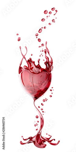 Red wine glass with splash over white background, abstract 3d rendering