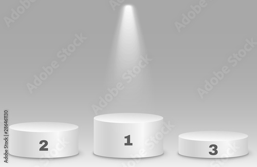 Top places. Isolated 3D empty white podium on gray background. Glowing projector. Vector illustration