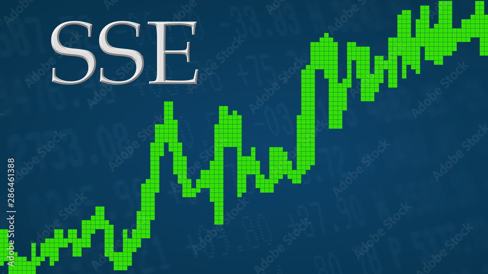 The China stock market index SSE of Shanghai Stock Exchange is going up. The green graph next to the silver SSE title on a blue background is showing upwards, symbolizing the ascent of the index.