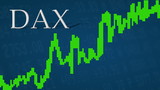 The German blue chip stock market index DAX is going up. The green graph next to the silver DAX title on a blue background is showing upwards and symbolizes the ascent of the German stock market.