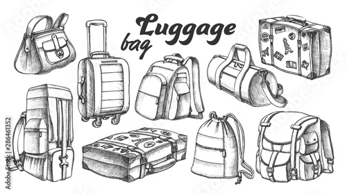 Collection Of Different Luggage Ink Set Vector. Assortment Of Luggage Bag For Business Trip, Extreme Tourist Travel. Modern And Retro Suitcases Designed In Vintage Style Black And White Illustrations