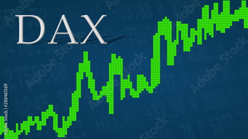 The German blue chip stock market index DAX is going up. The green graph next to the silver DAX title on a blue background is showing upwards and symbolizes the ascent of the German stock market. photo