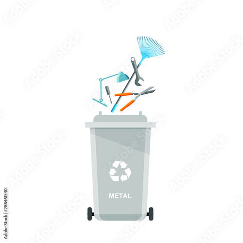 Assorted metal trash in special urn. Vector recycle concept. Bins for recycling with sorted garbage and rubbish.