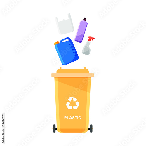 Assorted plastic trash in special urn. Vector recycle concept. Bin for recycling with sorted garbage and rubbish.