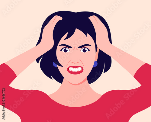 Portrait of a woman in stress. The girl holds her head in her hands and screams. Pain. Anger and despair. Vector flat illustration