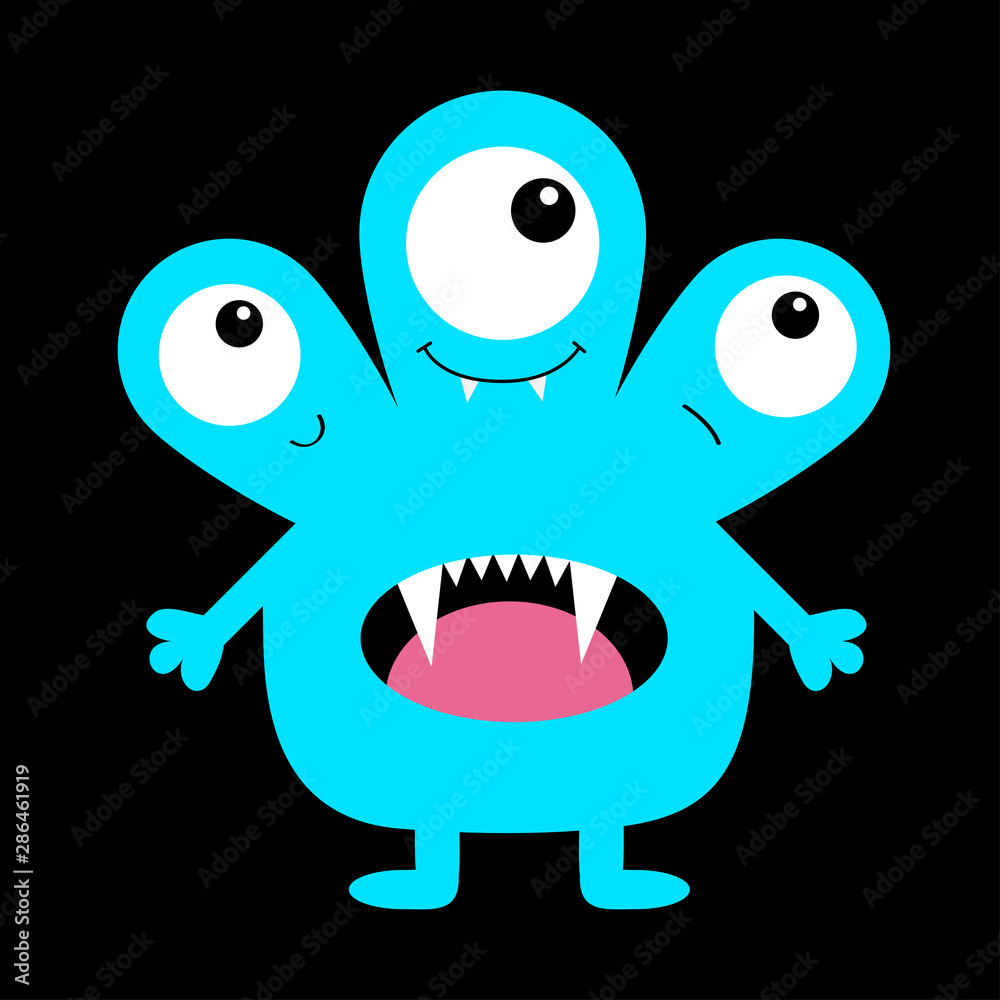 Monster blue silhouette. Three eyes, fang tooth tongue, hands. Cute cartoon kawaii scary funny character. Baby collection. Happy Halloween. Black background. Isolated. Flat design. Monster blue silhouette. Three eyes, fang tooth tongue, hands. Cute cartoon kawaii scary funny character. Baby collection. Happy Halloween. Black background. Isolated. Flat design.