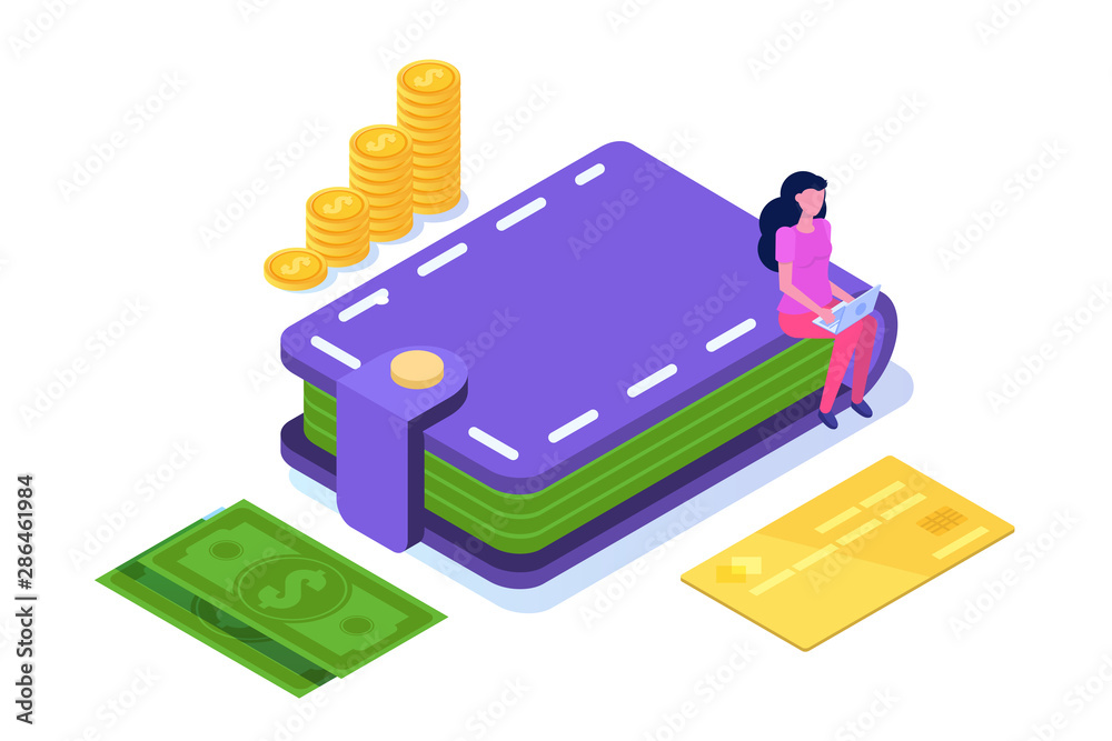 Wallet with credit cards , coins, cash icon. Isometric vector illustration. Wallet with credit cards , coins, cash icon. Isometric vector illustration.