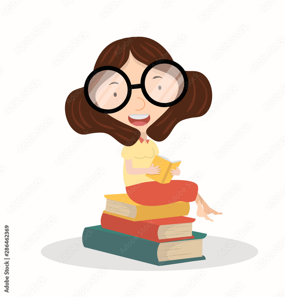 Lady reading the book Sitting on book of stack Lady reading the book Sitting on book of stack
