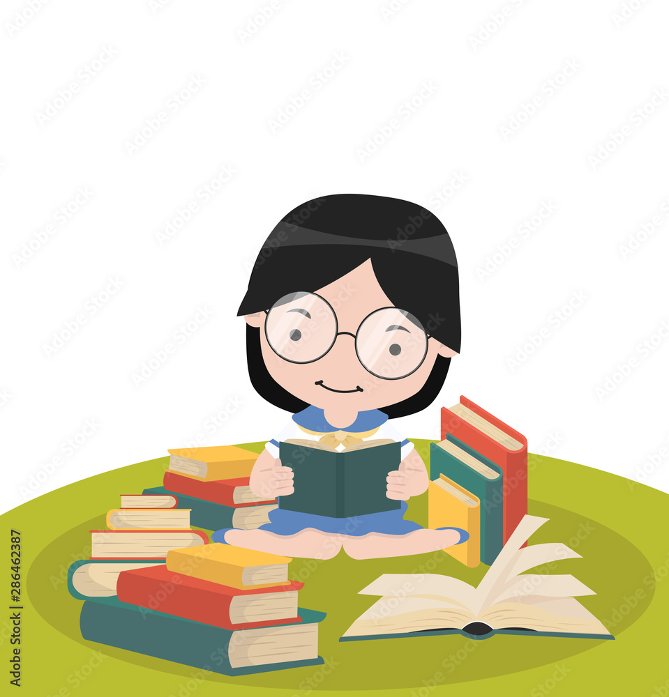 Girl sit reading book of stacks vector Girl sit reading book of stacks vector