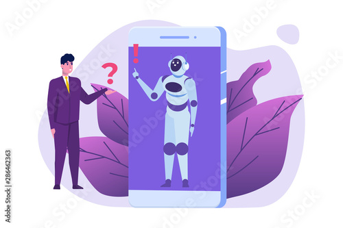Chatbot concept. Man talking to robot. Customer support service android,  artificial intelligence dialog .