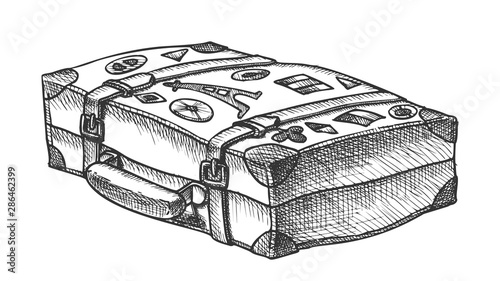 Valise With Royalty Travel Stickers Ink Vector. Lying Aged Old Tourist Valise Container For Things. Voyage Luggage For Baggage Designed In Vintage Style Black And White Illustration