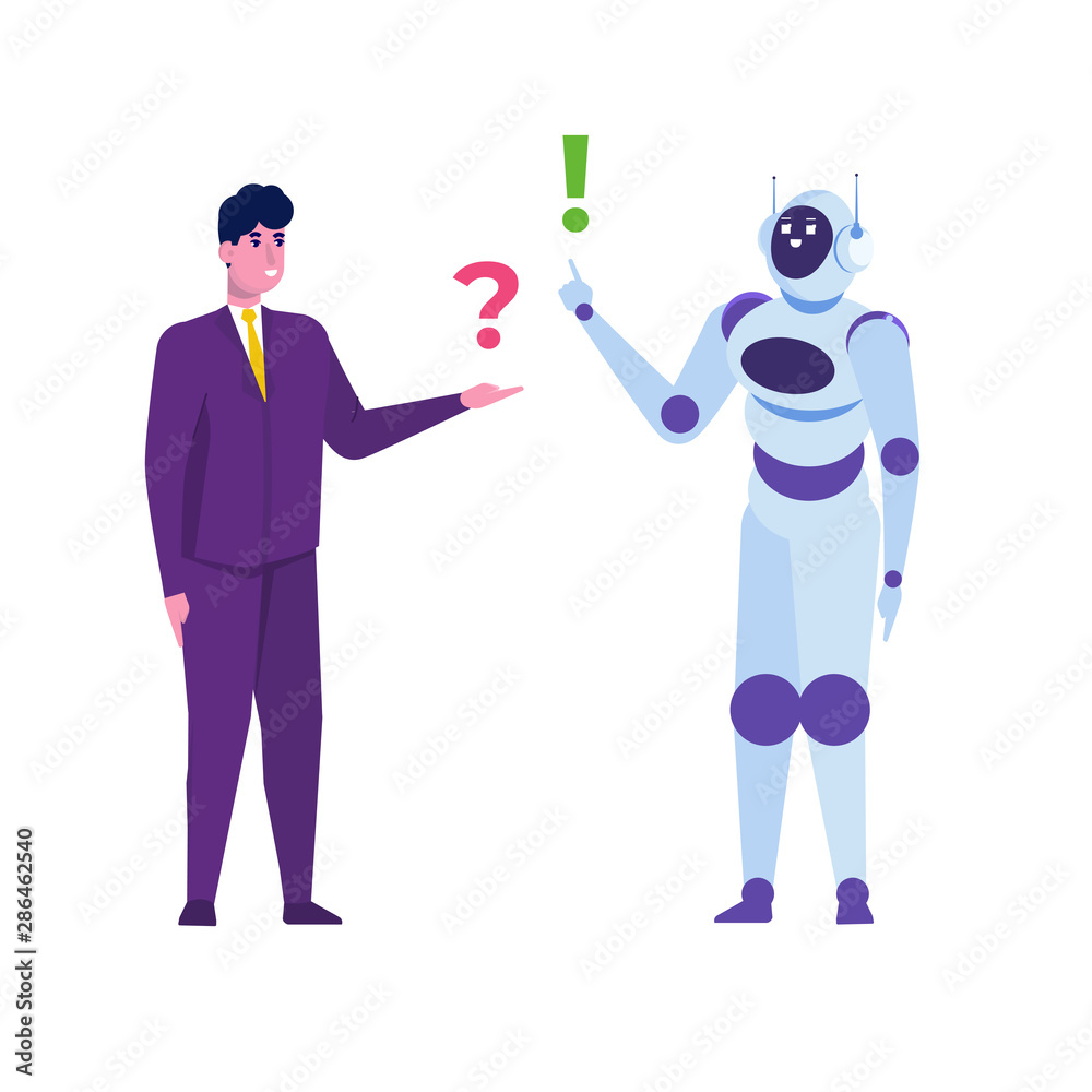 Chatbot concept. Man talking to robot. Customer support service android, artificial intelligence dialog . Chatbot concept. Man talking to robot. Customer support service android, artificial intelligence dialog .
