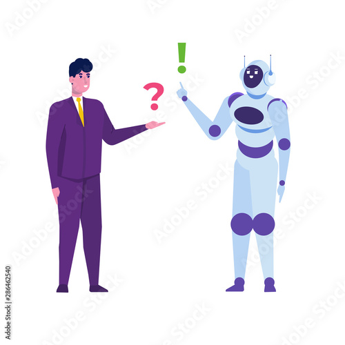 Chatbot concept. Man talking to robot. Customer support service android,  artificial intelligence dialog .