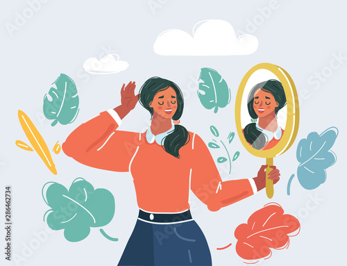Woman staring at her reflection in a mirror.