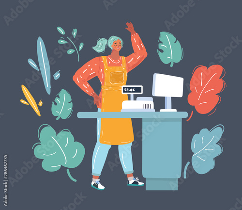 Bank cashier behind cash department window.