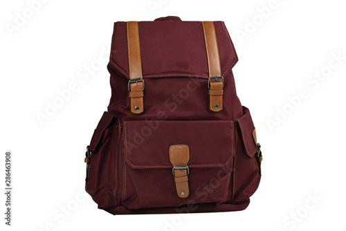 Canvas Backpack accessories isolated hipster background white. brown with navy canvas bag. Hand made backpack for travelers. front view
