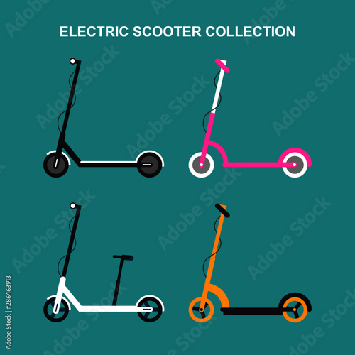 Electric e-bikes and scooter collection in a flat style. Set of eco personal transportation. Vector illustration.