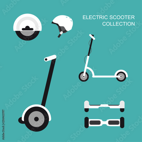 E-bikes and scooter collection in a flat style. Set of electric personal transportation. Vector illustration.