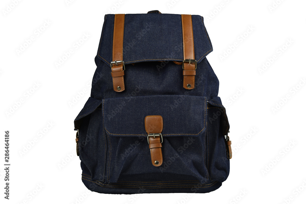 Canvas Backpack accessories isolated hipster background white. brown with navy canvas bag. Hand made backpack for travelers. front view - obrazy, fototapety, plakaty 
