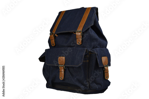 Canvas Backpack accessories isolated hipster background white. brown with navy jean canvas bag. Hand made backpack for travelers. Side view
