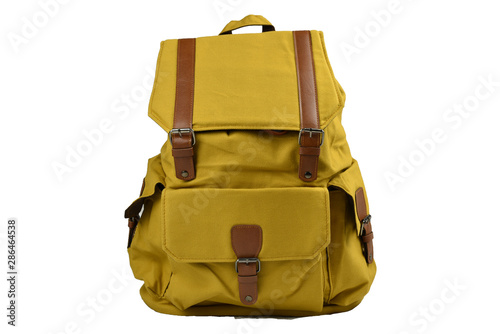 Canvas Backpack accessories isolated hipster background white. brown with yellow mustard canvas bag. Hand made backpack for travelers. front view