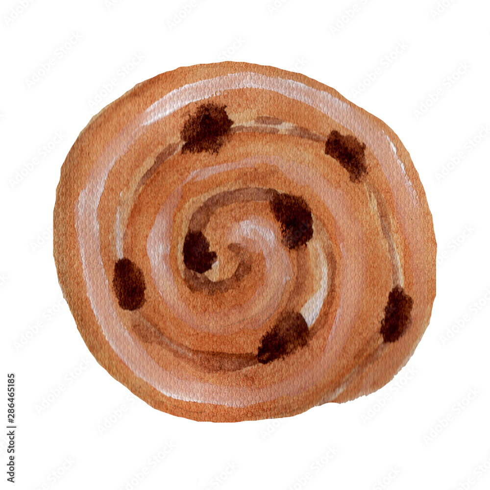 Fototapeta premium Tasty snail bun with raisins on a white background. French bakery product hand drawn watercolor illustration